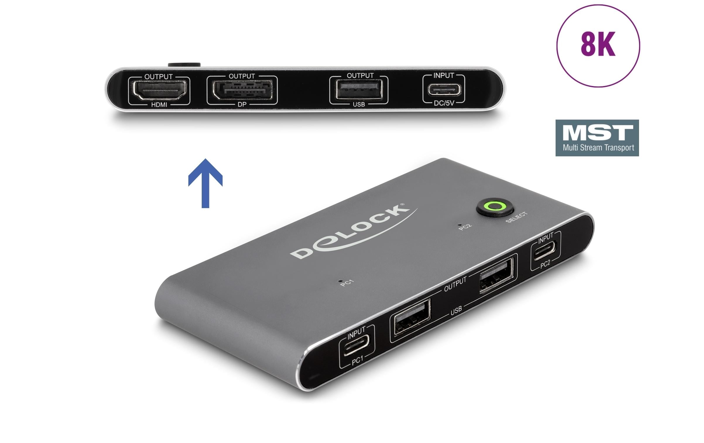 Delock KVM Switch USB-C zu HDMI und DisplayPort 8K MST mit USB 2.0