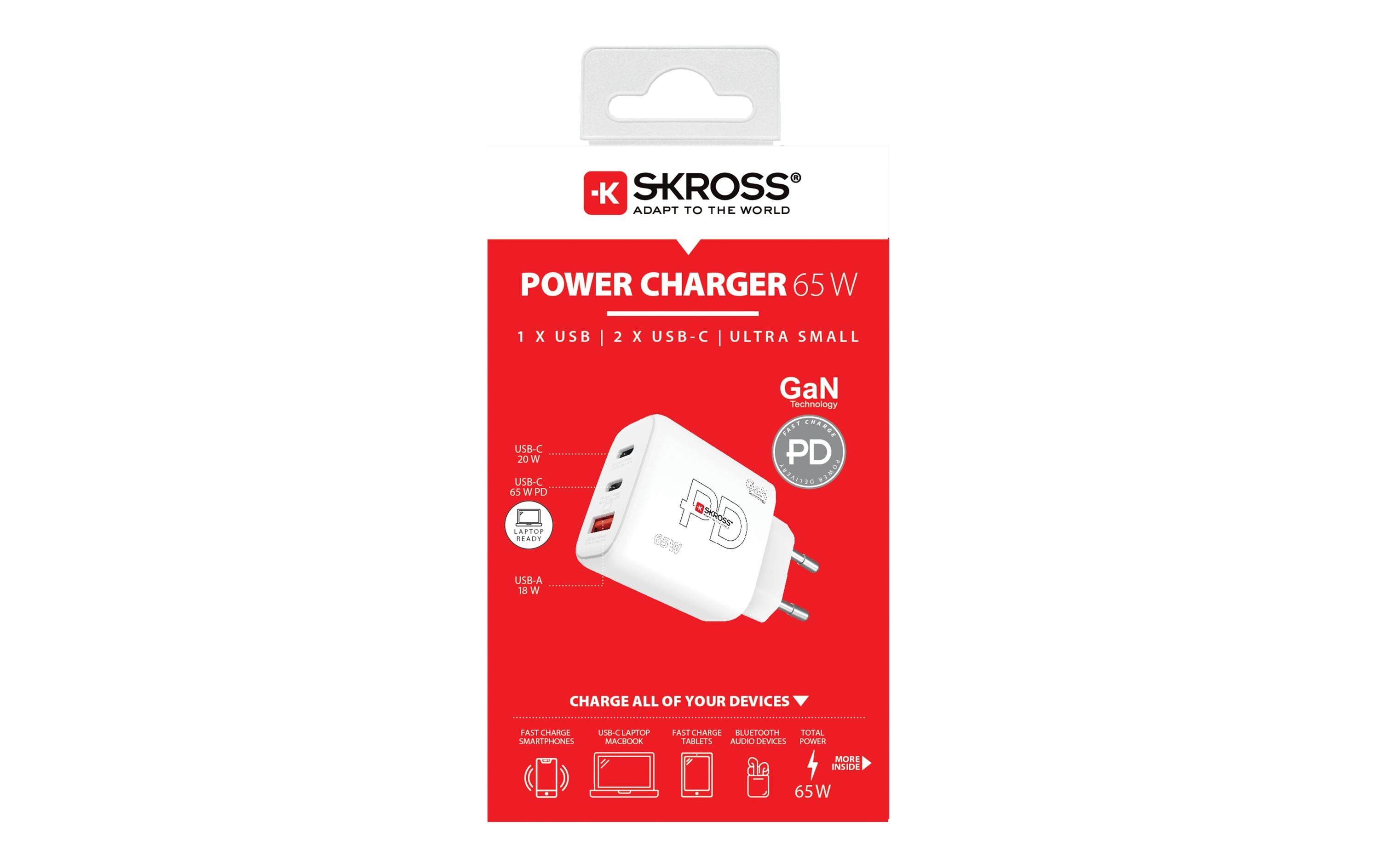 SKROSS USB-Wandladegerät GaN EU, 2x USB-C, 1x USB-A, 65 W, Weiss