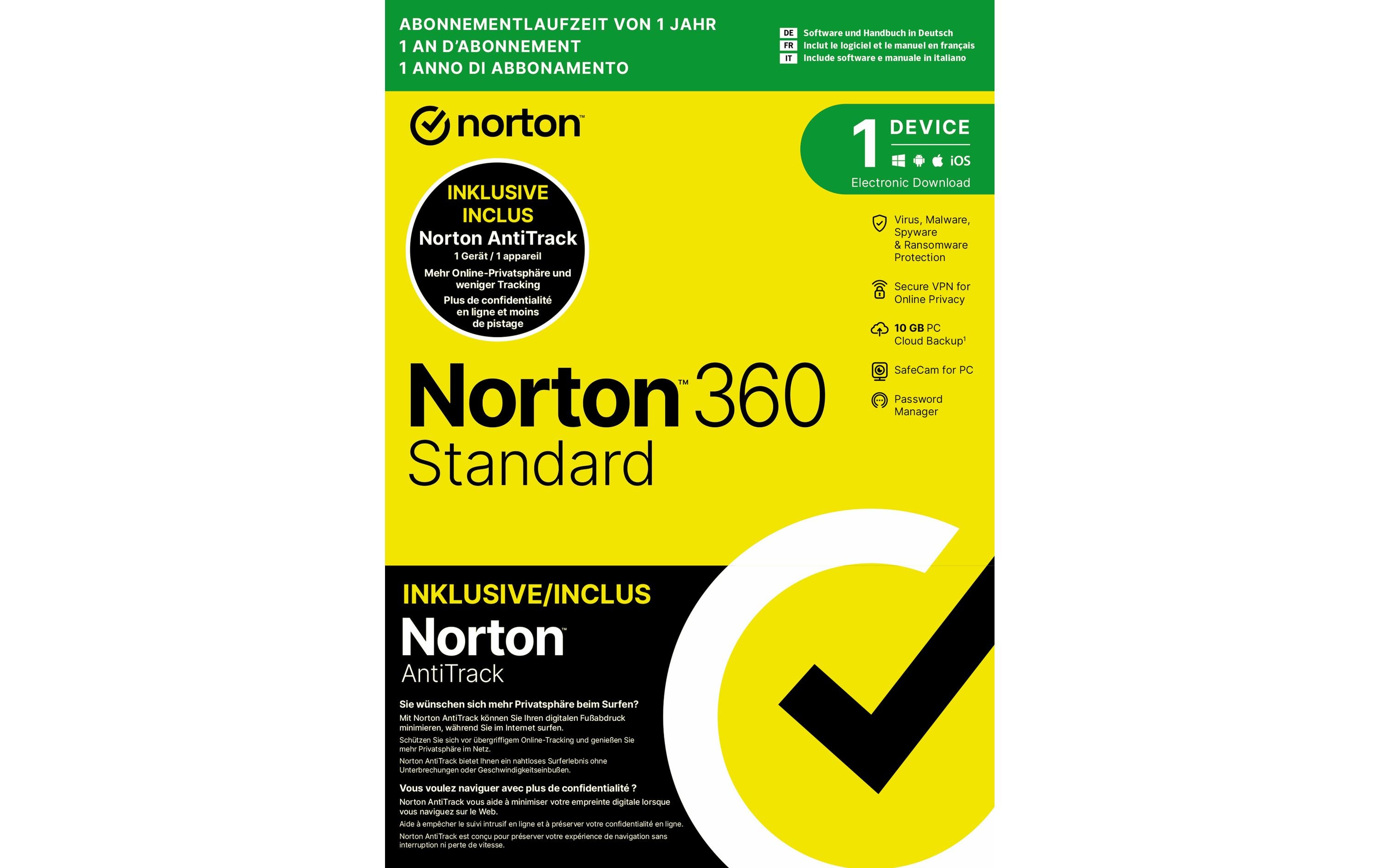 Norton 360 Standard + AntiTrack Bundle Box, 1 Dev., 1yr, 10GB Cloud