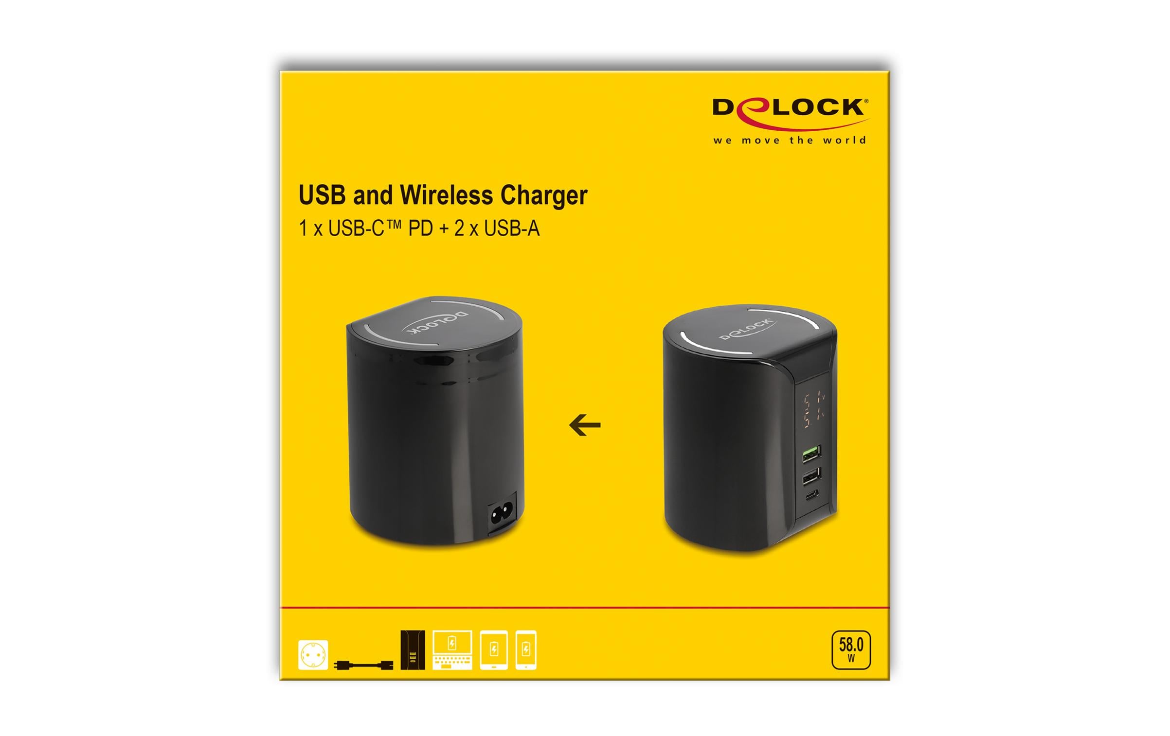 Delock Ladestation 1x USB Type-C, 2x USB Type-A mit Wireless