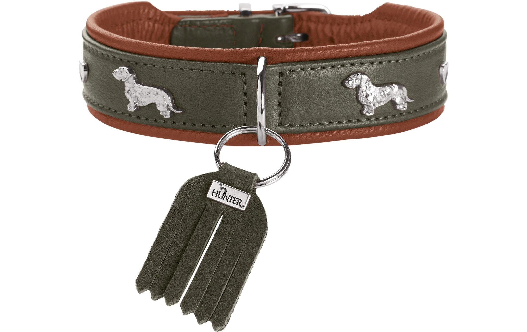 Hunter Teckel-Halsband München 37/XS-S, Rindsleder, Grün/Cognac