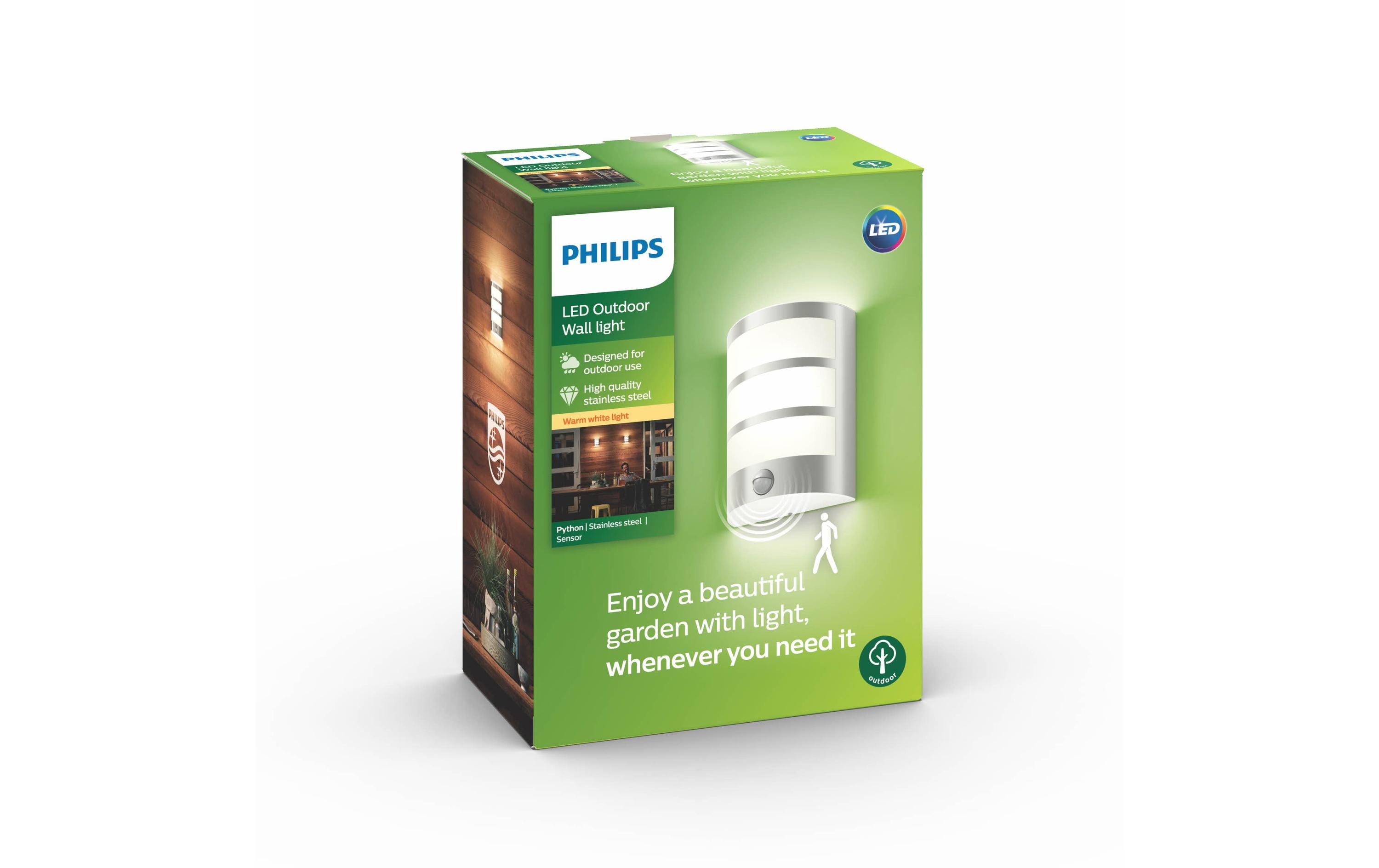 Philips myGarden Wandleuchte Python, 600 lm, Edelstahl + Bew.melder