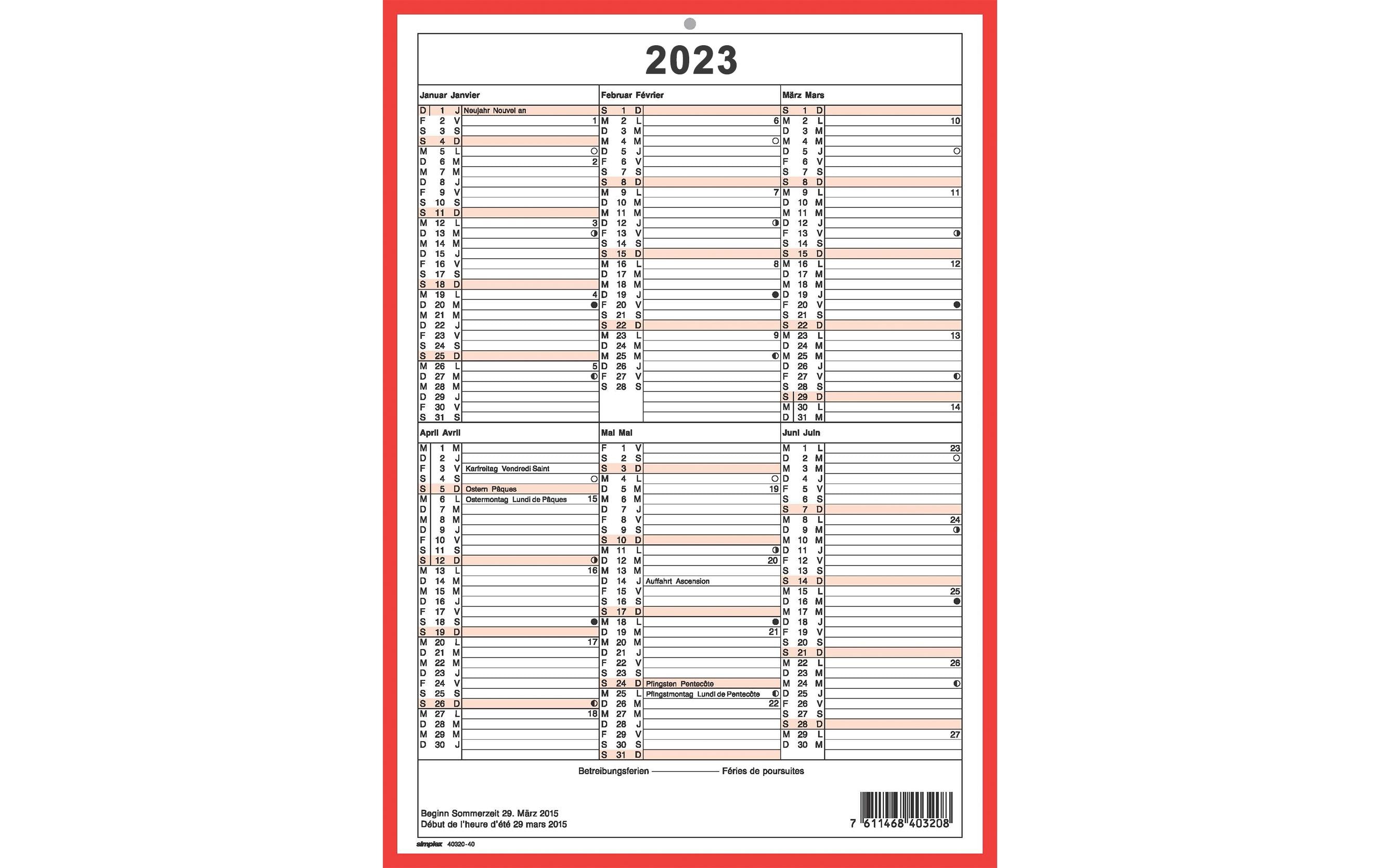 Simplex Wandkalender 2023, A4, Rot/Weiss