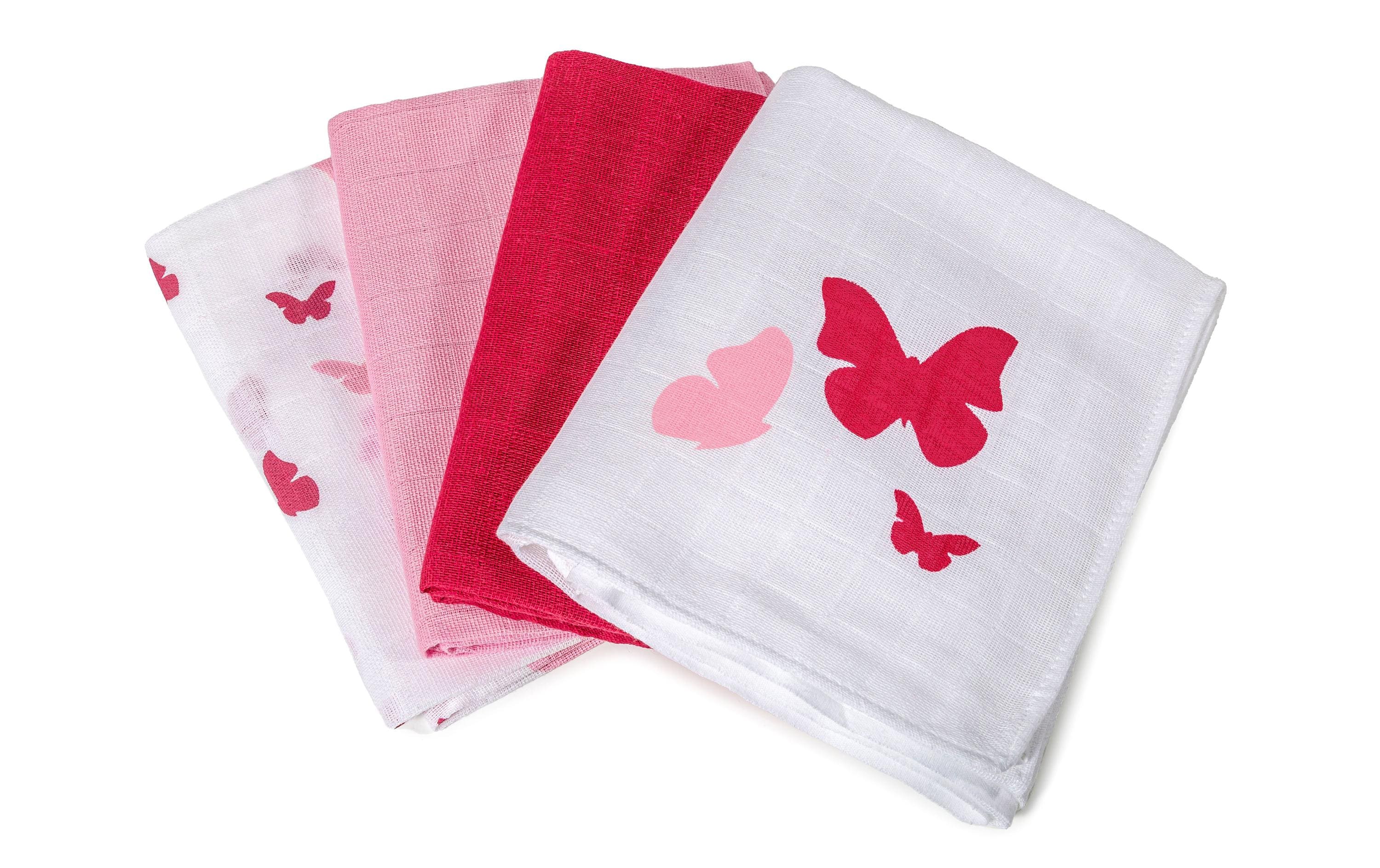 MAKIAN Mulltuch 4-er Set 80 x 80 cm Rosa/Rot Schmetterling