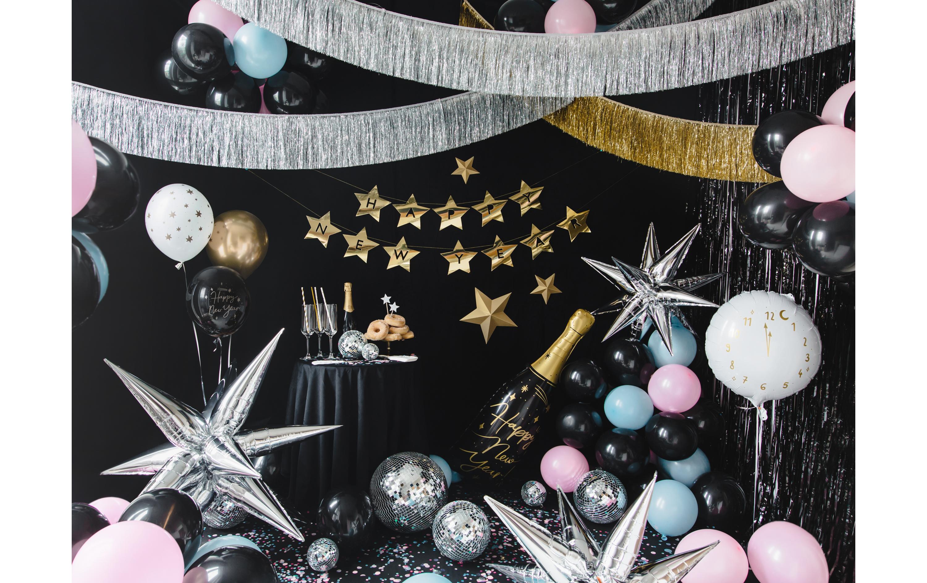 Partydeco Folienballon Happy New Year schwarz, 27 x 88 cm, 1 Stück