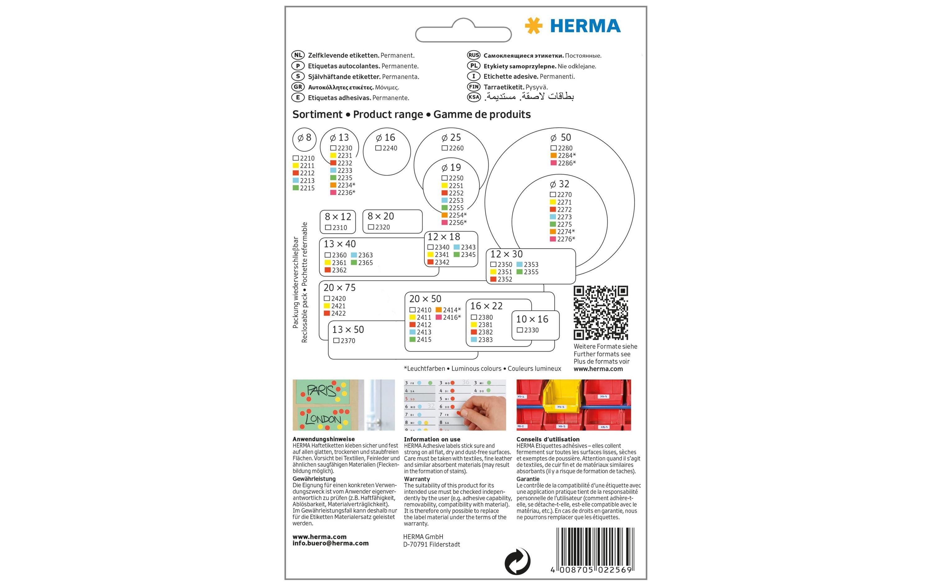 HERMA Vielzweck-Etiketten 2256 Leuchtrot Ø 19 mm, 24 Blatt