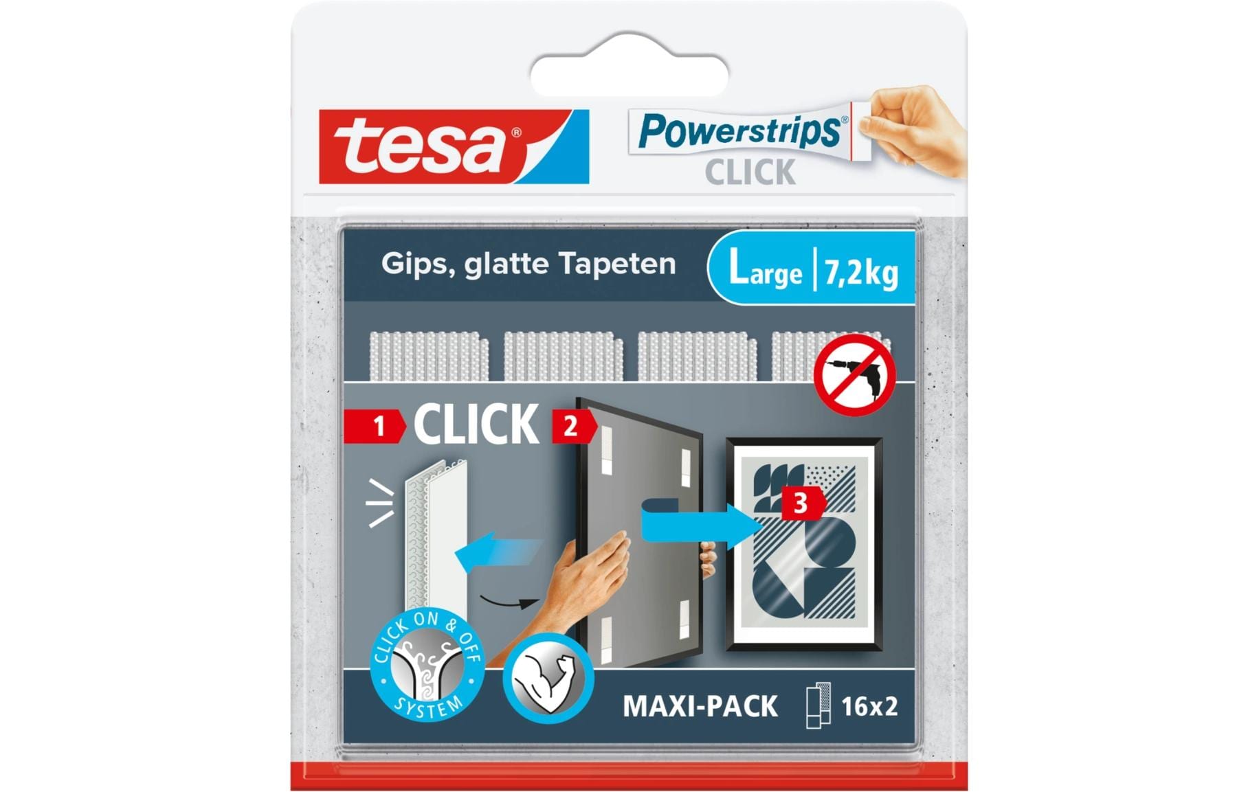 tesa Montagestreifen Powerstrips CLICK Large 16 Paar, 7.2 kg