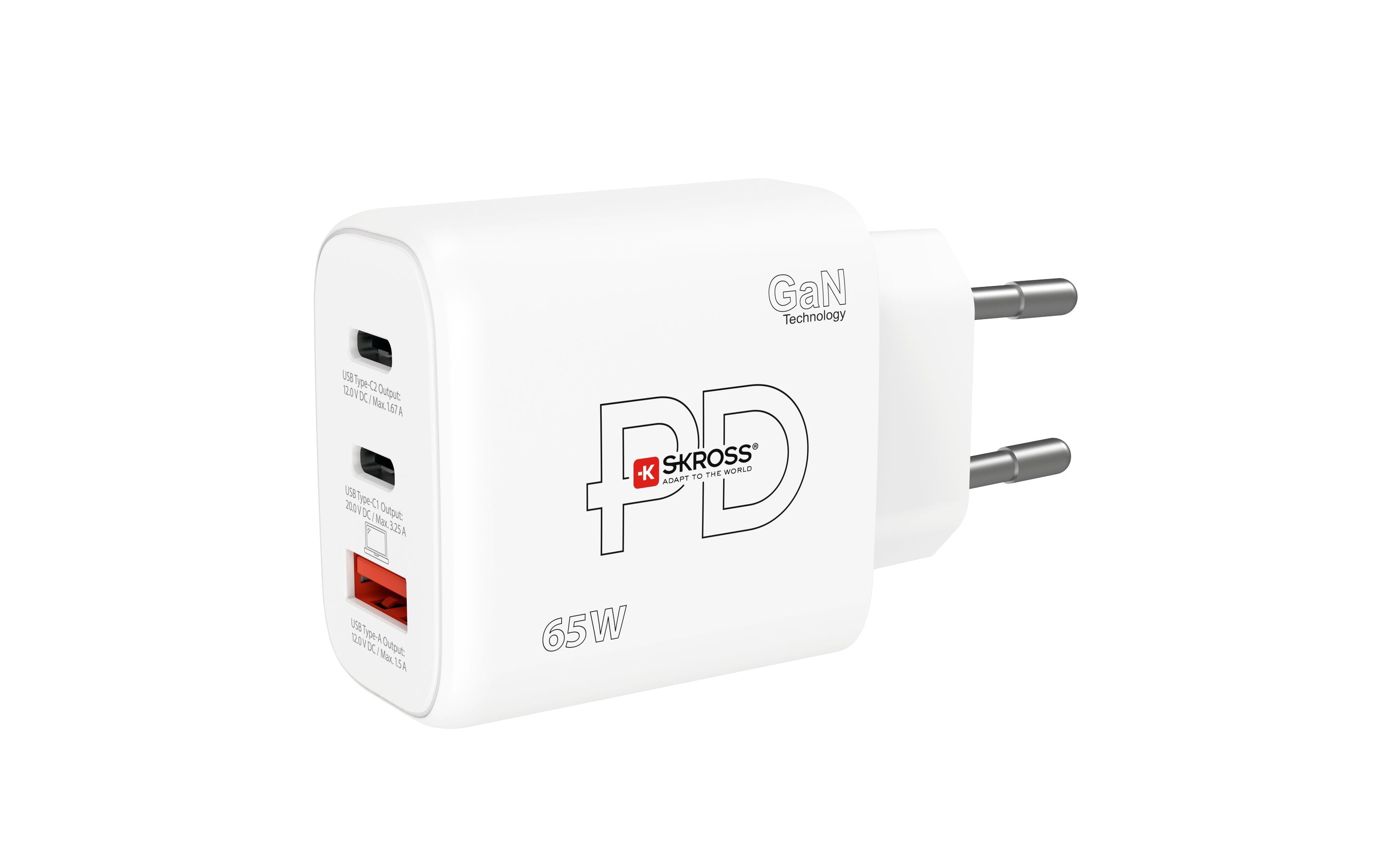 SKROSS USB-Wandladegerät GaN EU, 2x USB-C, 1x USB-A, 65 W, Weiss