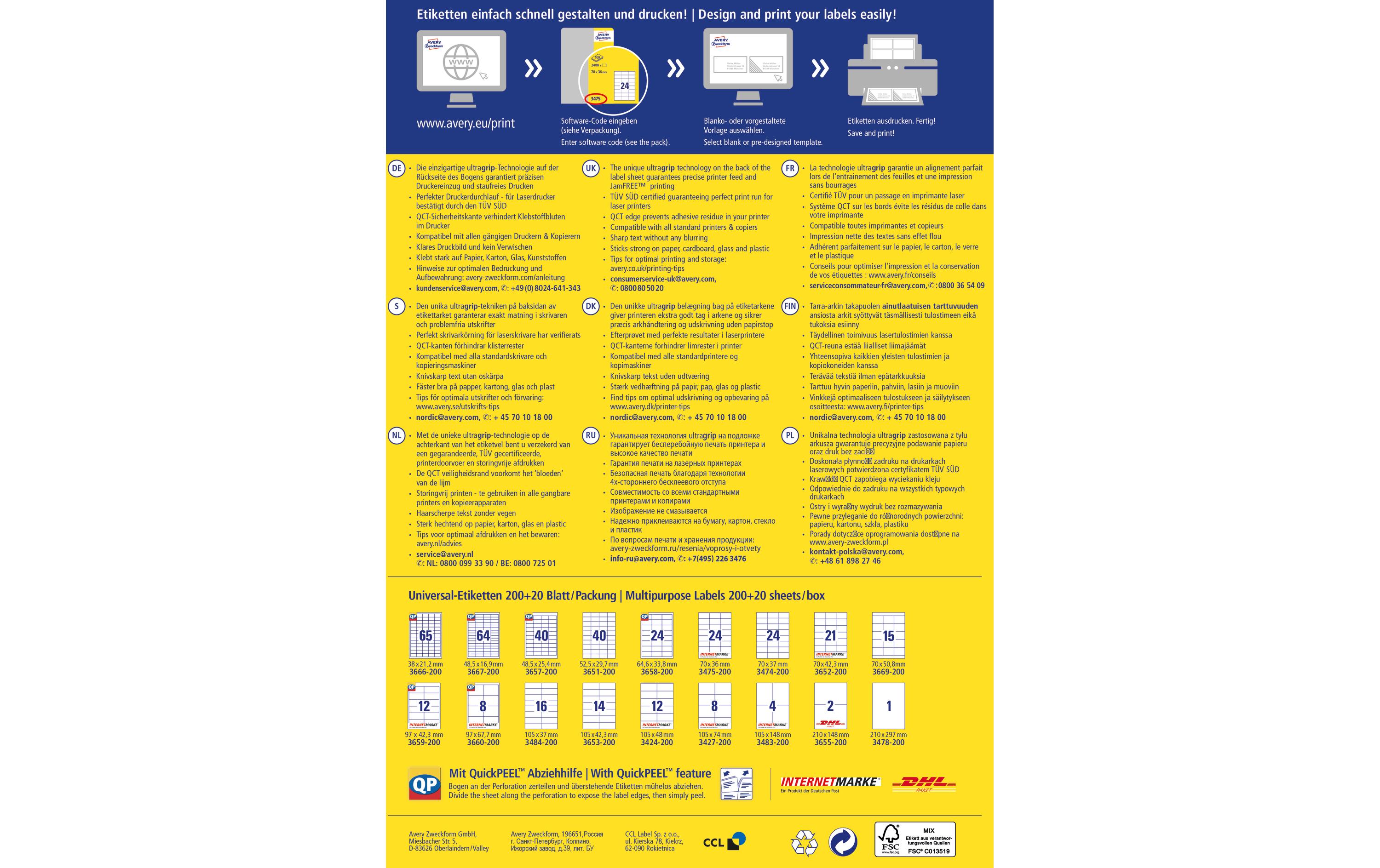 Avery Zweckform Universal-Etiketten 3478 210 x 297 mm, 220 Blatt