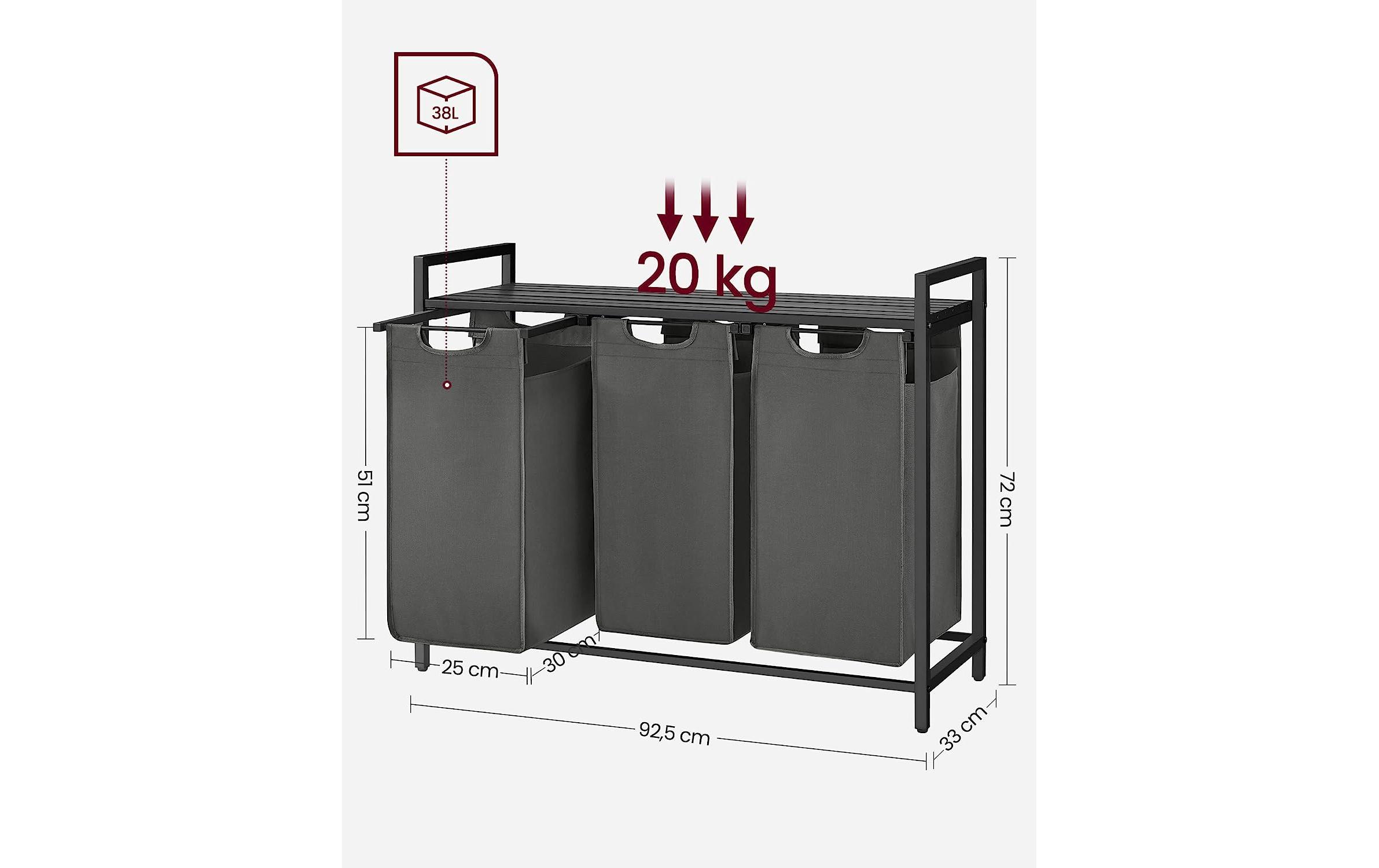 VASAGLE Wäschekorb mit Ablage 3 x 38 l, Schwarz