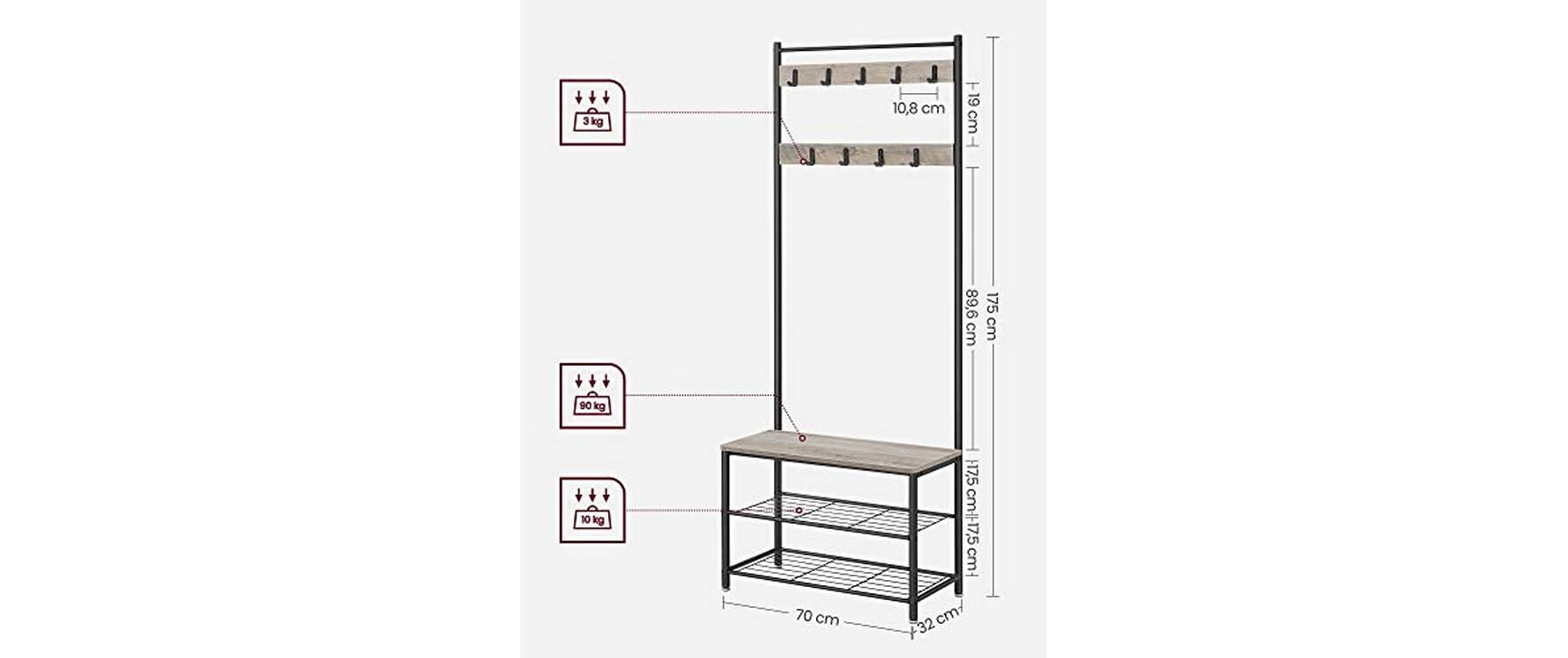 VASAGLE Garderobe 70 x 175 x 32 cm, Braun/Schwarz