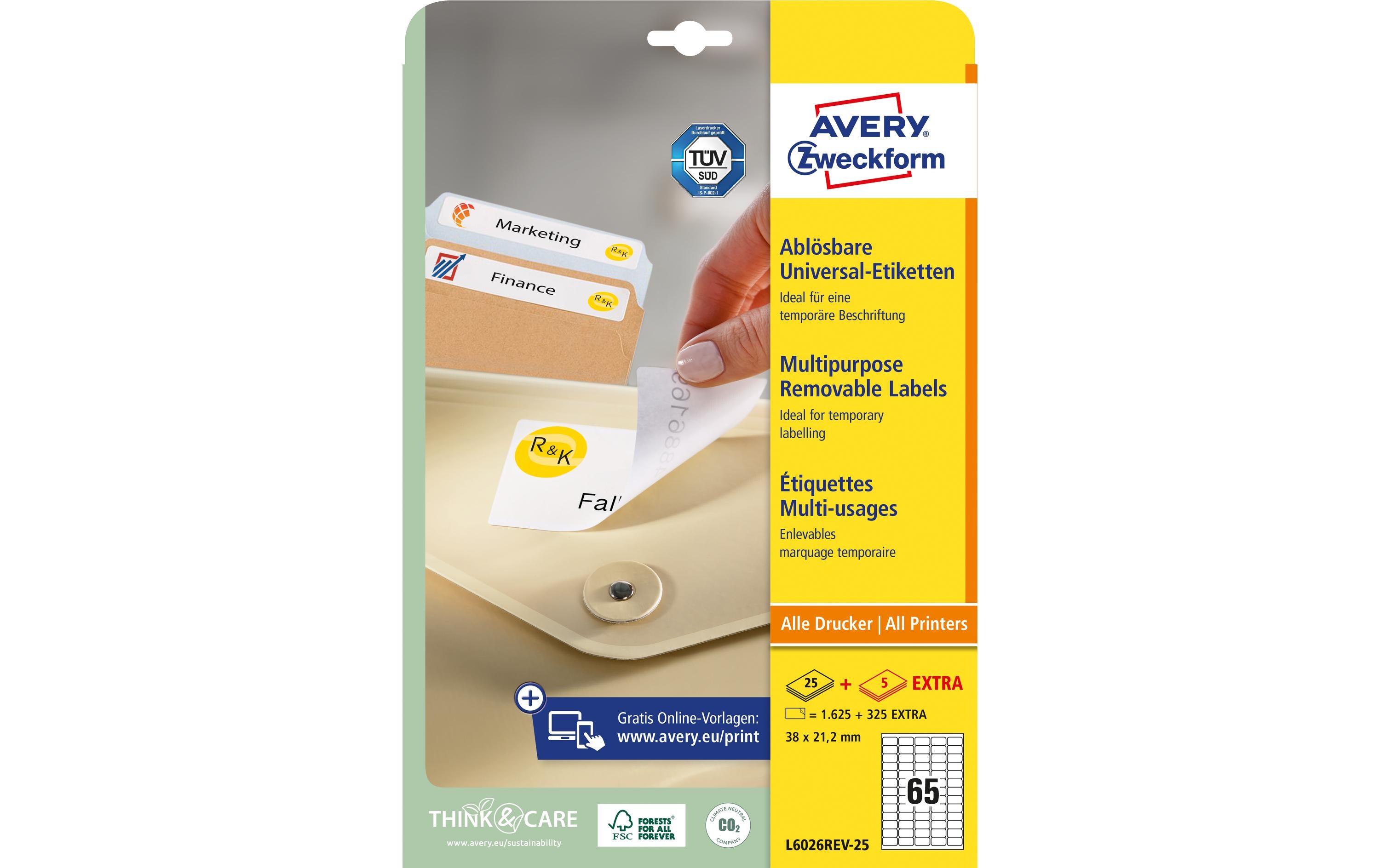 Avery Zweckform Universal-Etiketten L6026REV-25, 38.1 x 21.2 mm, 30 Blatt