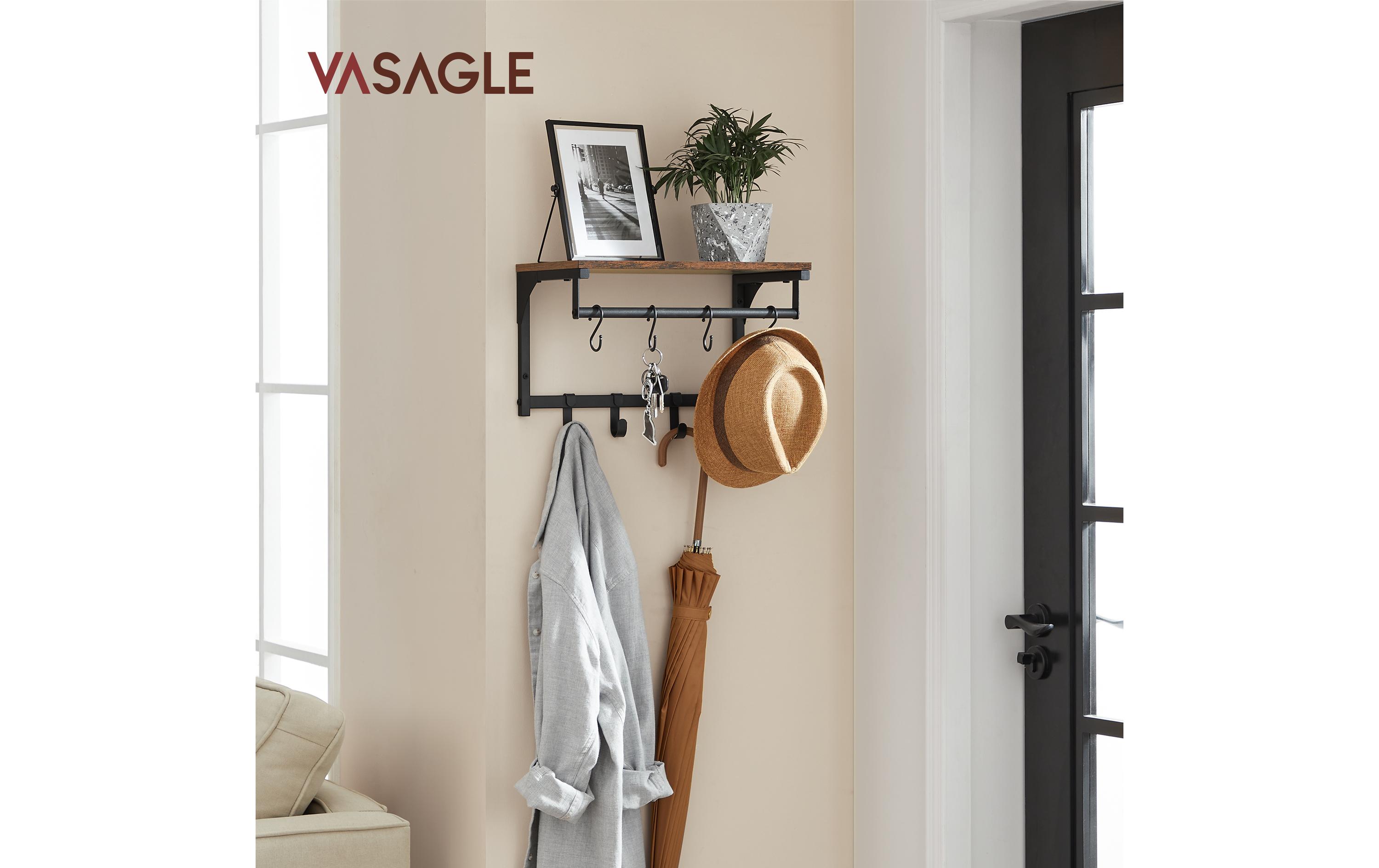 VASAGLE Wandgarderobe mit 8 Haken 40 x 24 cm, Braun/Schwarz