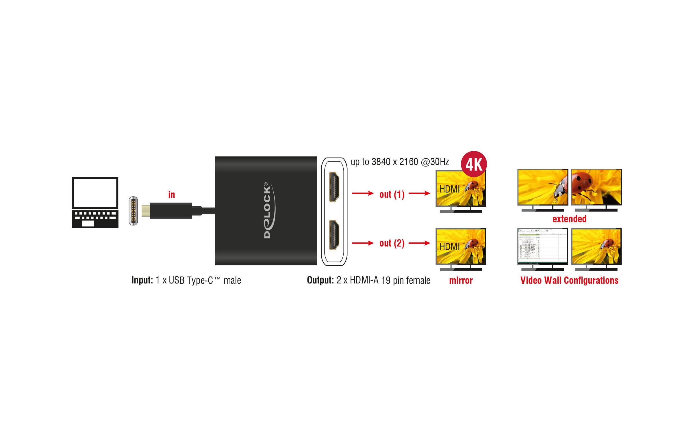 Delock Multiadapter USB-C - 2x HDMI out 4K 30Hz Splitter Schwarz