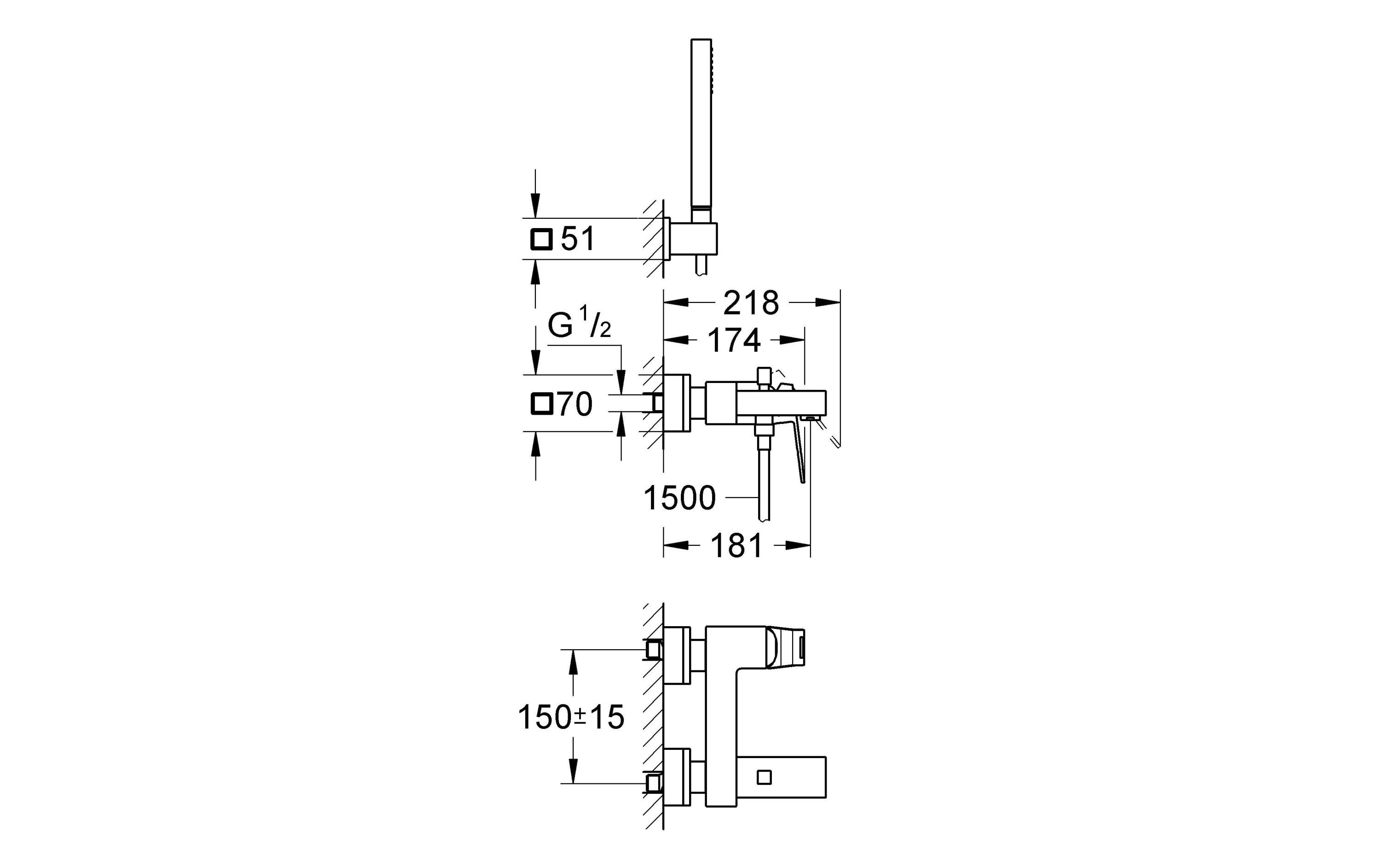 GROHE Badewannenarmatur Eurocube 1/2, Chrom, mit Handbrause