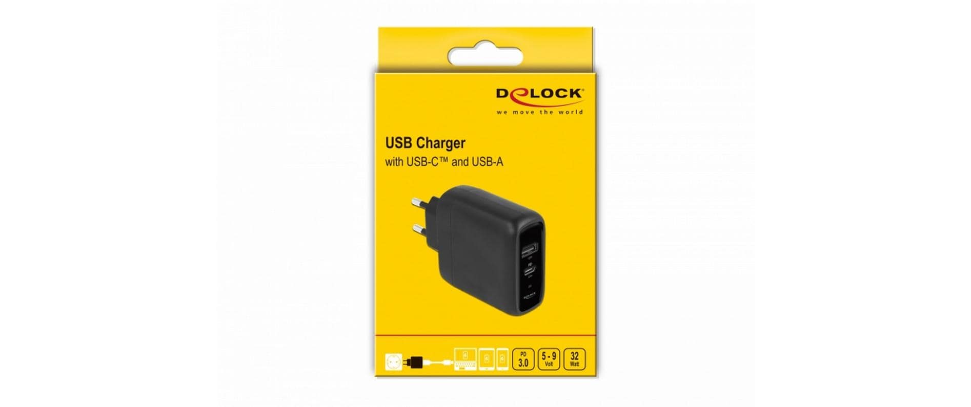 Delock USB-Wandladegerät Typ-A und Typ-C 20 W + 12 W