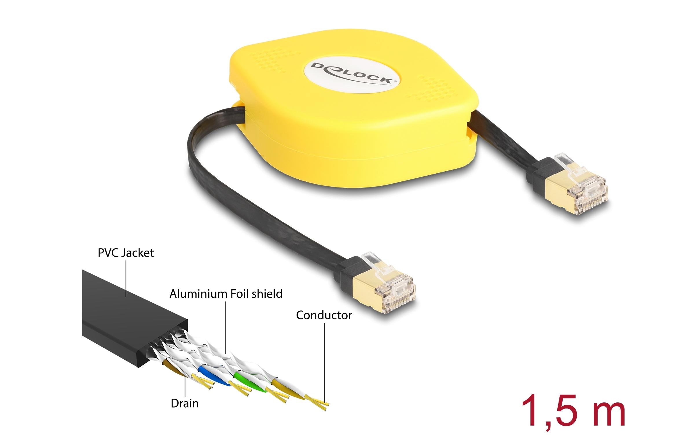 Delock Patchkabel Aufrollkabel Cat 6A, STP, 1.5 m, Gelb; Schwarz